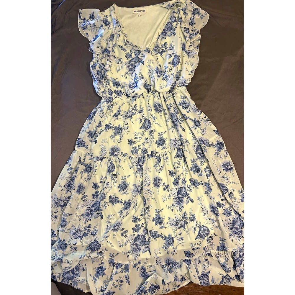 WALLFLOWER White/Blue Floral V-Neck Ruffle Flutter Sleeve Midi Dress XL